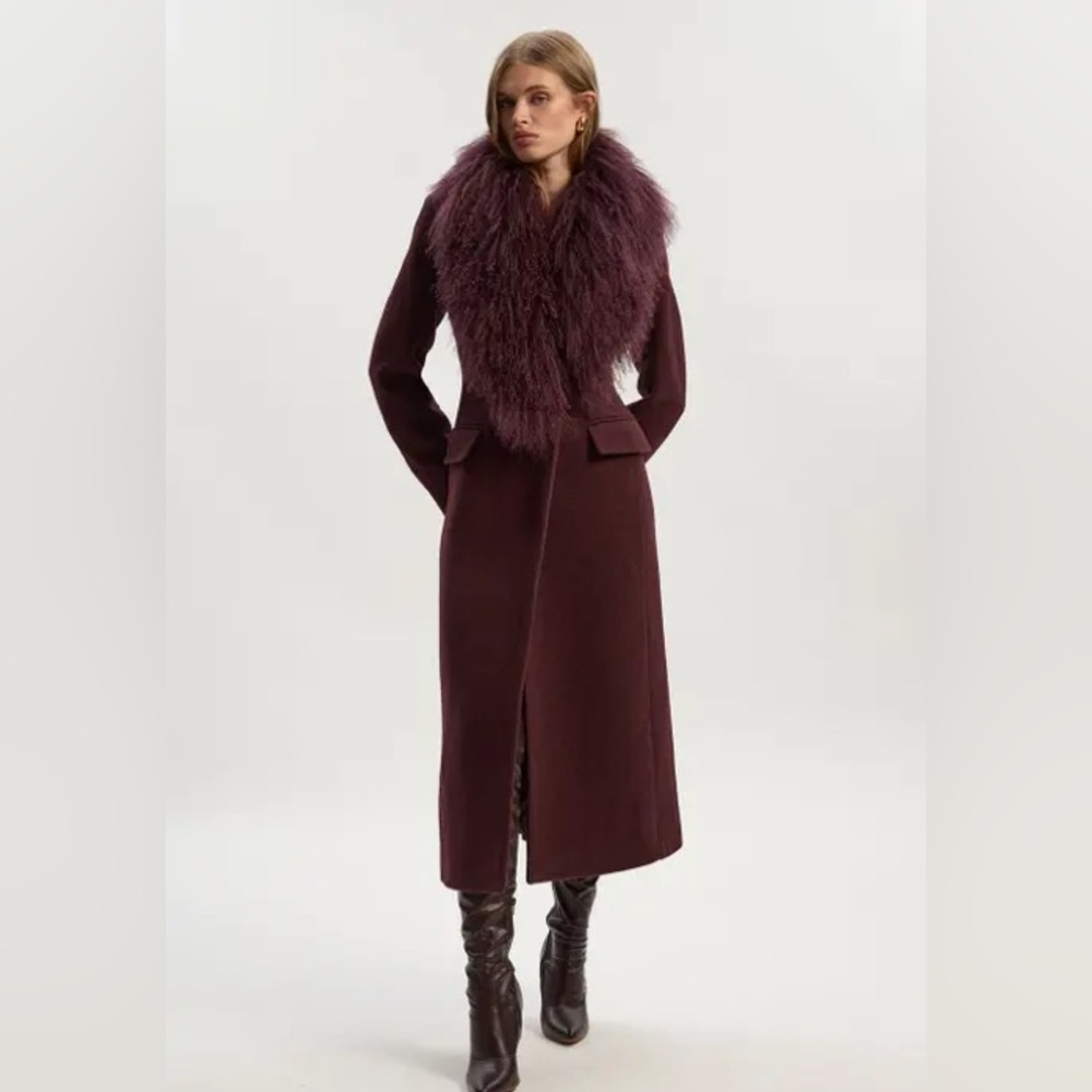 Women's Burgundy Wool Coat with Lambswool Fur Real or Faux Collar